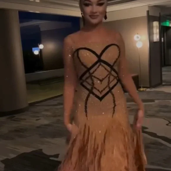 Luxury Golden Ballroom Feathered Dance Gown - Picture 6 of 6